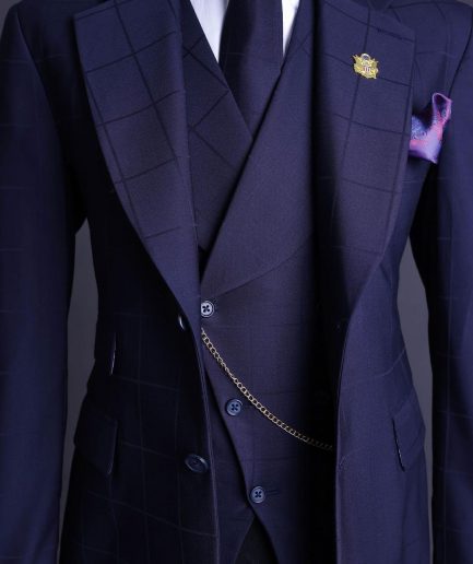 A Navy blue, windowpane check, monochrome nobility super “140s” “Board Room” Notch lapel suit
