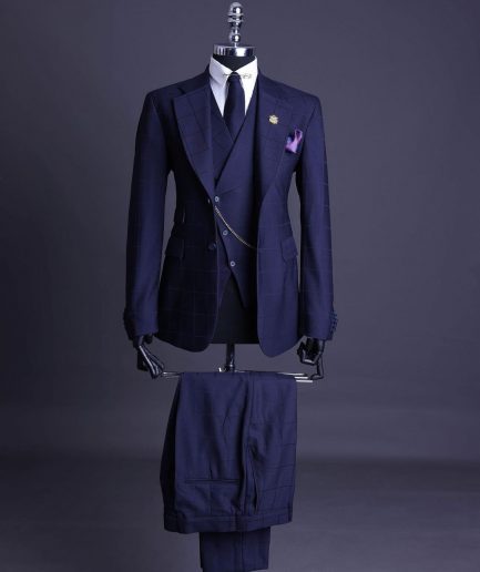 A Navy blue, windowpane check, monochrome nobility super “140s” “Board Room” Notch lapel suit
