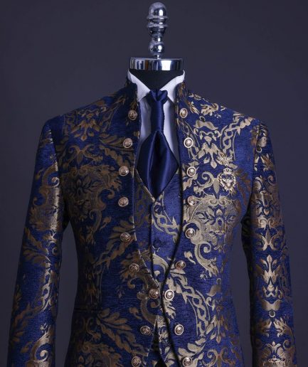 A reloaded “Monaco” gold and blue “Mandarin” jacquard floral single button front cut layered suit