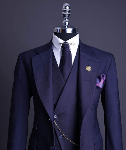 A Navy blue, windowpane check, monochrome nobility super “140s” “Board Room” Notch lapel suit