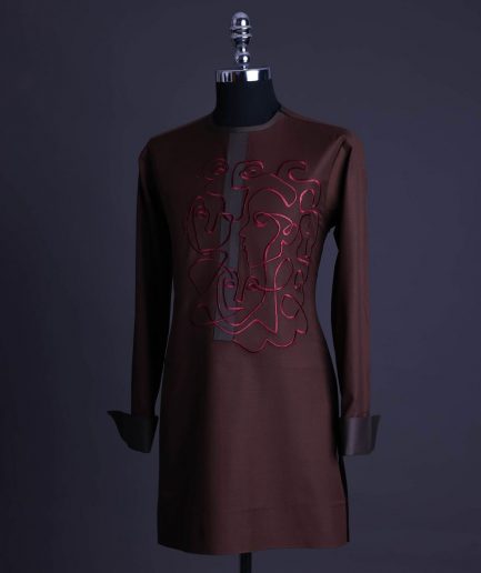A Hickory Brown, front flap with “Eve Of May” embroidery detailing African senator kaftan native.