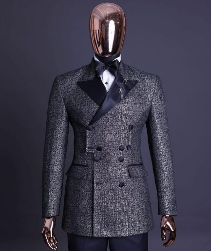A “pirate” metallic jacquard, layered double breasted, 10 buttons, peak lapel tuxedo suit