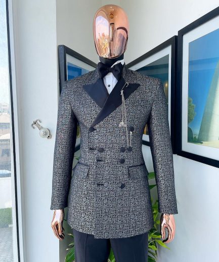 A “pirate” metallic jacquard, layered double breasted, 10 buttons, peak lapel tuxedo suit