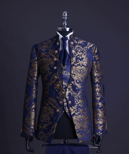 A reloaded “Monaco” gold and blue “Mandarin” jacquard floral single button front cut layered suit
