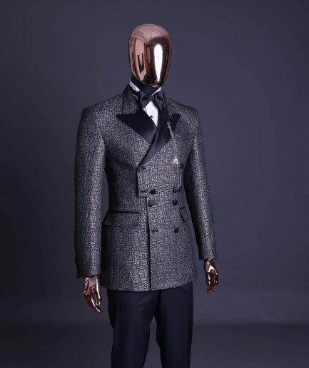 A “pirate” metallic jacquard, layered double breasted, 10 buttons, peak lapel tuxedo suit