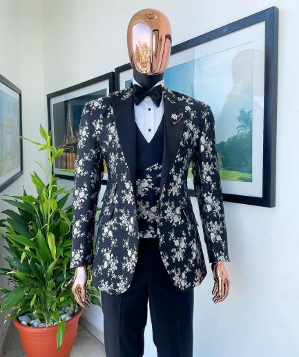 A Dispersed Charcoal black & splashed silver jacquard tuxedo suit