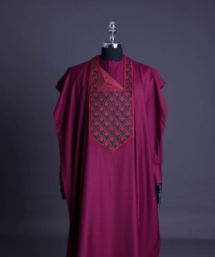 A Garnet red, redundant flame embroidery detailing agbada