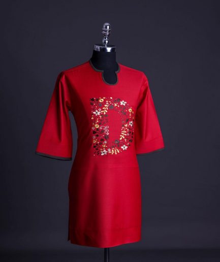 A Crimson red, U-shaped neck, letters floral, 3/4 sleeve embroidery detail African senator Kaftan.