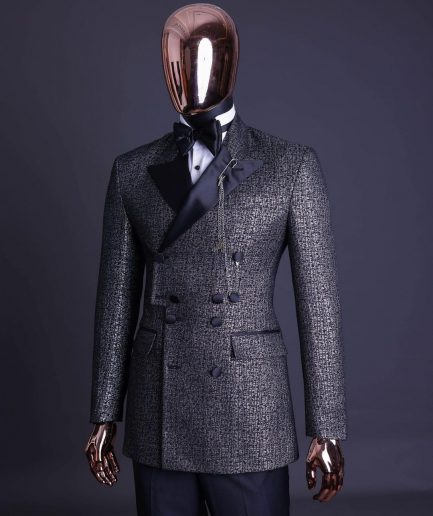 A “pirate” metallic jacquard, layered double breasted, 10 buttons, peak lapel tuxedo suit