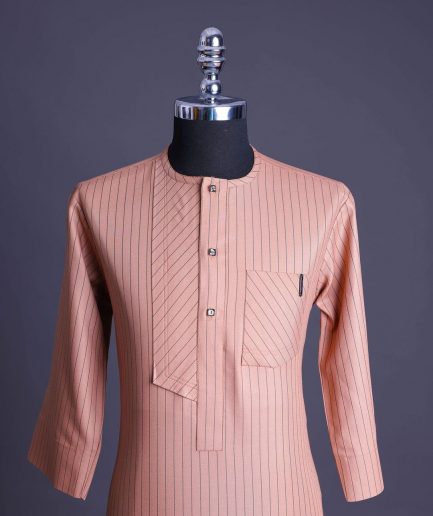 A Cantaloupe orange with a black pencil stripe and a front flap with black Swarovski buttons African senator, kaftan native