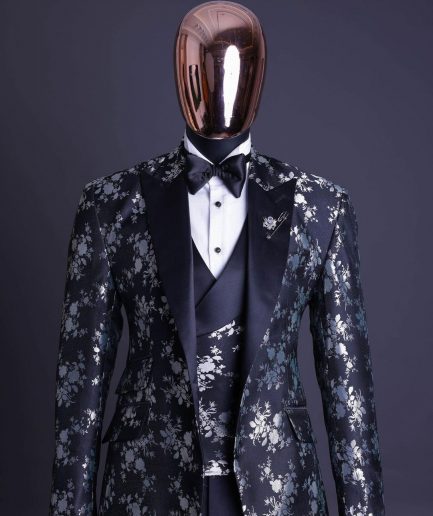 A Dispersed Charcoal black & splashed silver jacquard tuxedo suit