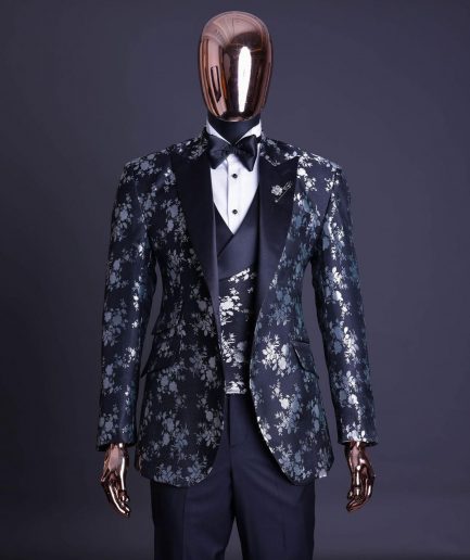 A Dispersed Charcoal black & splashed silver jacquard tuxedo suit