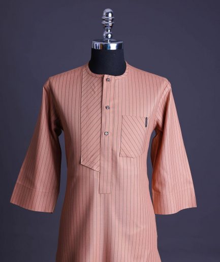 A Cantaloupe orange with a black pencil stripe and a front flap with black Swarovski buttons African senator, kaftan native