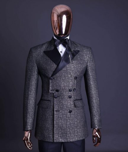 A “pirate” metallic jacquard, layered double breasted, 10 buttons, peak lapel tuxedo suit