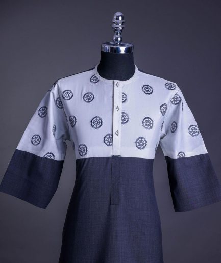 A Half-cut, white & grey Front flap with crystals Swarovski buttons, ring embroidery on white, 3/4 sleeve details African senator kaftan native.