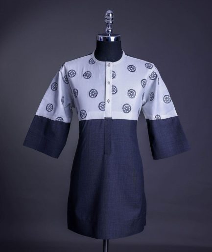 A Half-cut, white & grey Front flap with crystals Swarovski buttons, ring embroidery on white, 3/4 sleeve details African senator kaftan native.