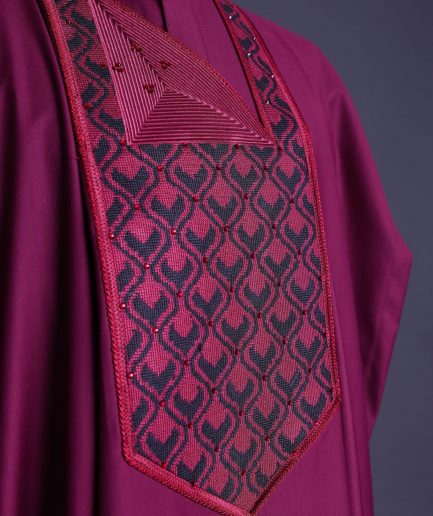 A Garnet red, redundant flame embroidery detailing agbada