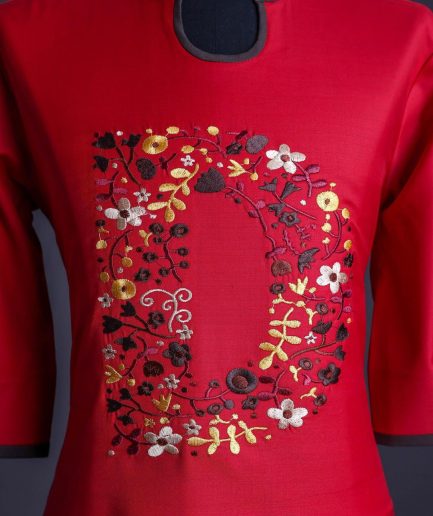 A Crimson red, U-shaped neck, letters floral, 3/4 sleeve embroidery detail African senator Kaftan.