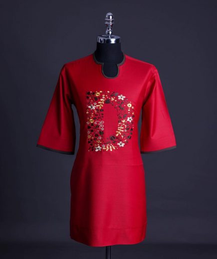 A Crimson red, U-shaped neck, letters floral, 3/4 sleeve embroidery detail African senator Kaftan.