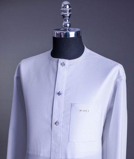 A White, front flap, floral petals, blue Swarovski buttons, long sleeve embroidery detail African senator Kaftan