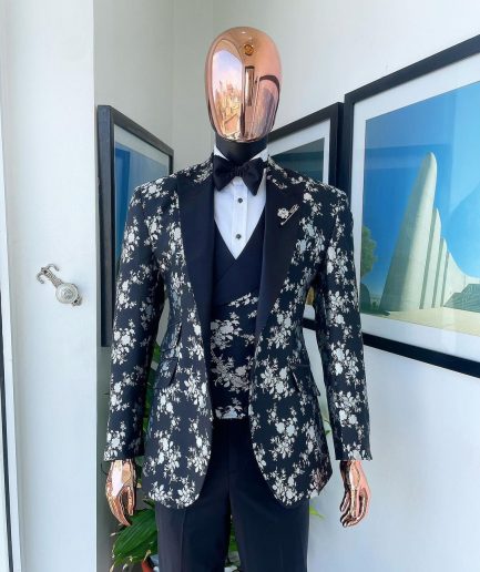 A Dispersed Charcoal black & splashed silver jacquard tuxedo suit