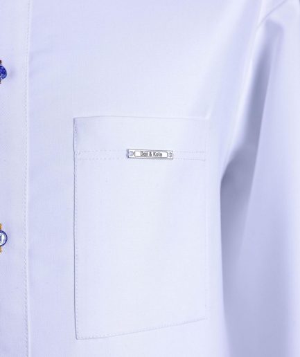 A White, front flap, floral petals, blue Swarovski buttons, long sleeve embroidery detail African senator Kaftan