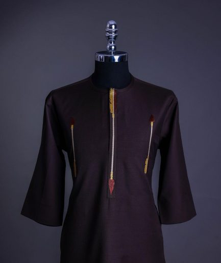 A Chocolate brown, 3/4 sleeve, aborigines arrow embroidery details African senator Kaftan native