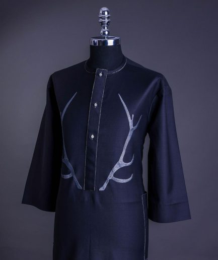 A charcoal black front flap, deer horn embroidery, clear view Swarovski buttons, 3/4 sleeve details, African senator Kaftan native.