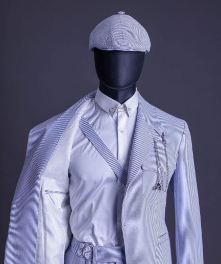 A Monochrome seersucker (rail road stripe) notch lapel suit