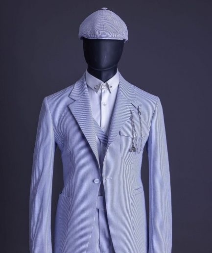 A Monochrome seersucker (rail road stripe) notch lapel suit