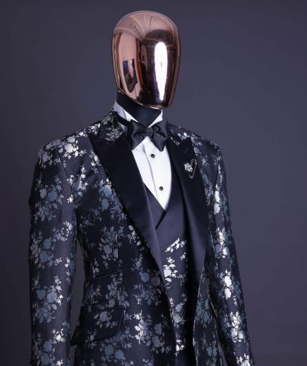 A Dispersed Charcoal black & splashed silver jacquard tuxedo suit