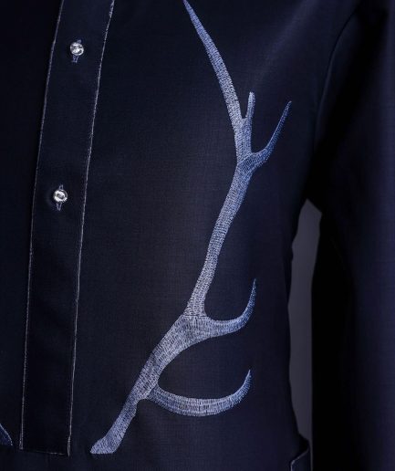 A charcoal black front flap, deer horn embroidery, clear view Swarovski buttons, 3/4 sleeve details, African senator Kaftan native.
