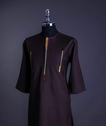 A Chocolate brown, 3/4 sleeve, aborigines arrow embroidery details African senator Kaftan native