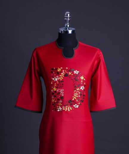 A Crimson red, U-shaped neck, letters floral, 3/4 sleeve embroidery detail African senator Kaftan.