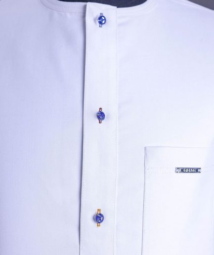 A White, front flap, floral petals, blue Swarovski buttons, long sleeve embroidery detail African senator Kaftan