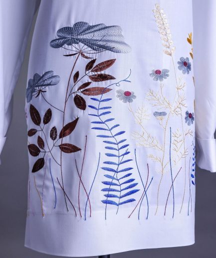 A White, front flap, floral petals, blue Swarovski buttons, long sleeve embroidery detail African senator Kaftan