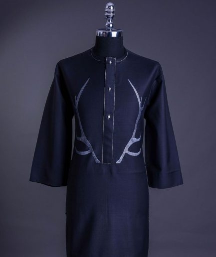 A charcoal black front flap, deer horn embroidery, clear view Swarovski buttons, 3/4 sleeve details, African senator Kaftan native.