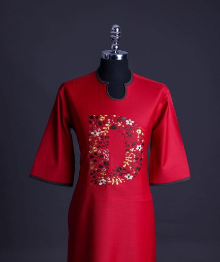 A Crimson red, U-shaped neck, letters floral, 3/4 sleeve embroidery detail African senator Kaftan.
