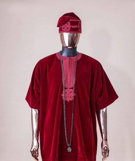 A crimson red, U shaped neck, letters floral, 3/4 sleeve embroidery details African senator kaftan native.