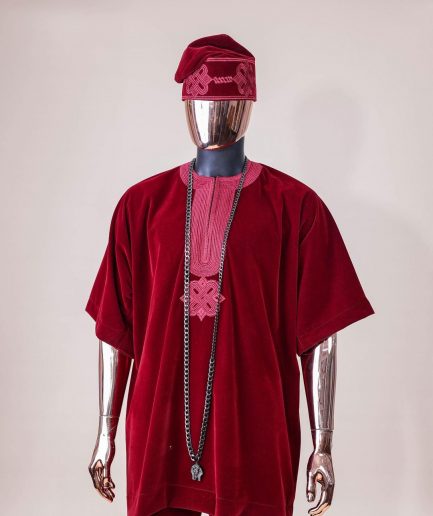 A crimson red, U shaped neck, letters floral, 3/4 sleeve embroidery details African senator kaftan native.
