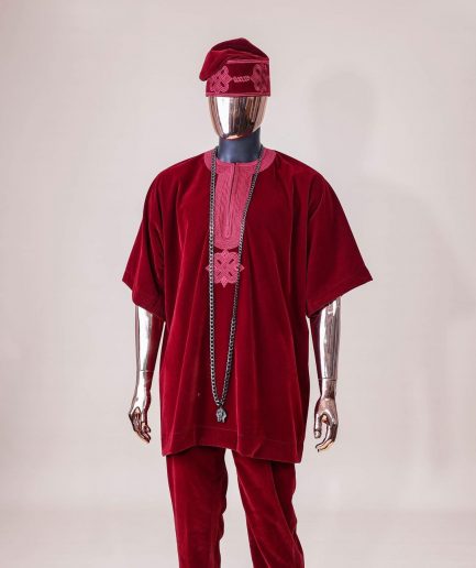 A crimson red, U shaped neck, letters floral, 3/4 sleeve embroidery details African senator kaftan native.