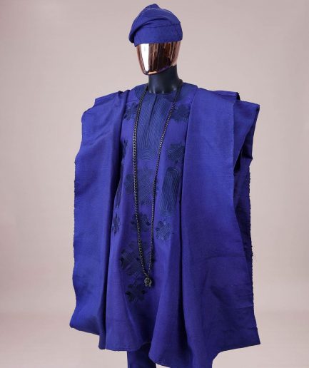 A Navy blue aso-oke, spiral embroidery detailing agbada