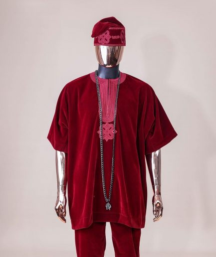 A crimson red, U shaped neck, letters floral, 3/4 sleeve embroidery details African senator kaftan native.