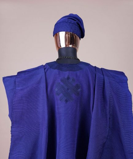 A Navy blue aso-oke, spiral embroidery detailing agbada
