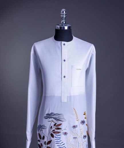 A White, front flap, floral petals, blue Swarovski buttons, long sleeve embroidery detail African senator Kaftan