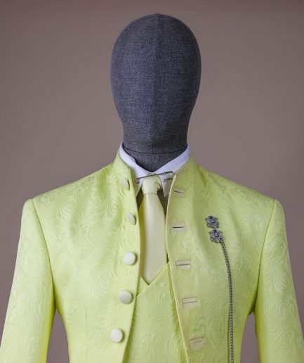 A “meta” floral jacquard, front cut tuxedo suit
