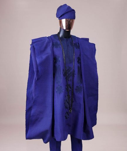 A Navy blue aso-oke, spiral embroidery detailing agbada