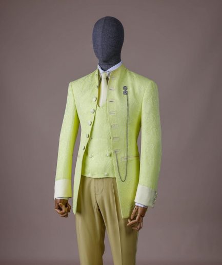 A “meta” floral jacquard, front cut tuxedo suit