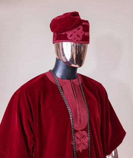 A crimson red, U shaped neck, letters floral, 3/4 sleeve embroidery details African senator kaftan native.