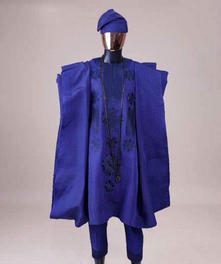 A Navy blue aso-oke, spiral embroidery detailing agbada